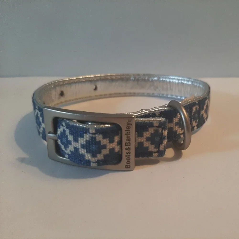 Small Boots and Barkley Dog Collar Blue Silver Geometric Design